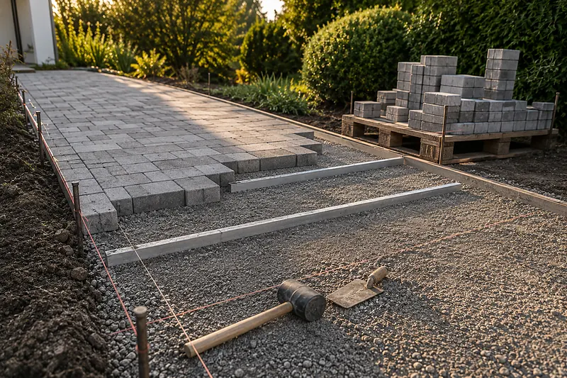 Halb fertig verlegter Pflasterweg mit Splittbett, Schnurgerüst und Palette Pflastersteine