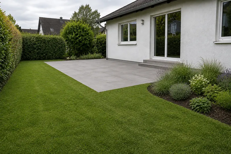 Neu angelegte Terrasse mit großformatigen Platten hinter einem Wohnhaus